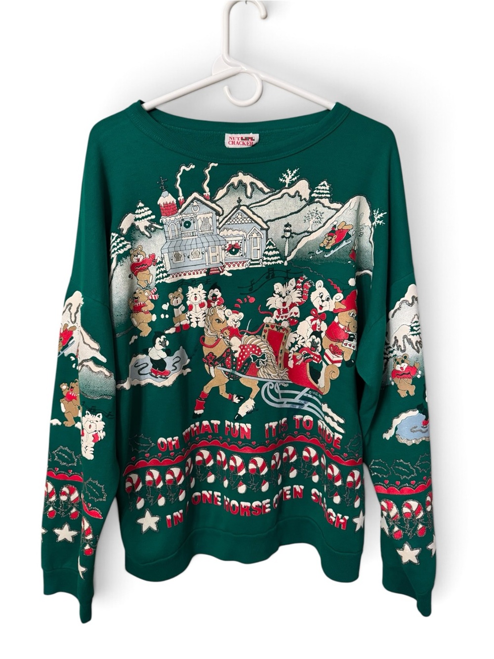 Vintage 1991 Christmas Ugly Sweatshirt with Caroling Cats Sleigh Candy Cane